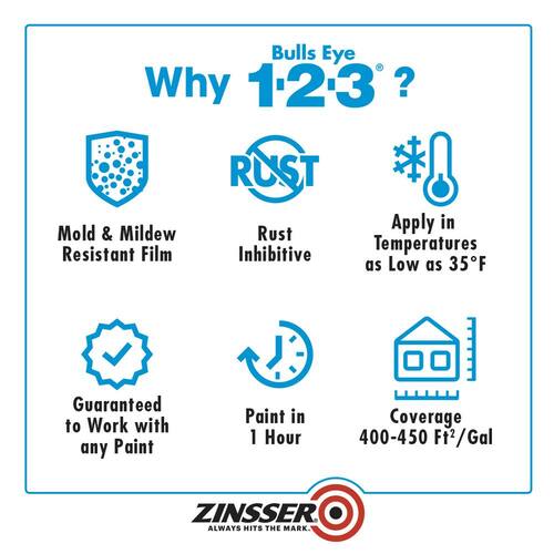 Interior/Exterior Primer and Sealer, Water-Based, White, Bulls Eye 1-2-3, 5 Gal.