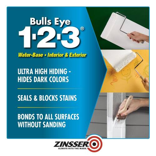 Interior/Exterior Primer and Sealer, Water-Based, White, Bulls Eye 1-2-3, 5 Gal.